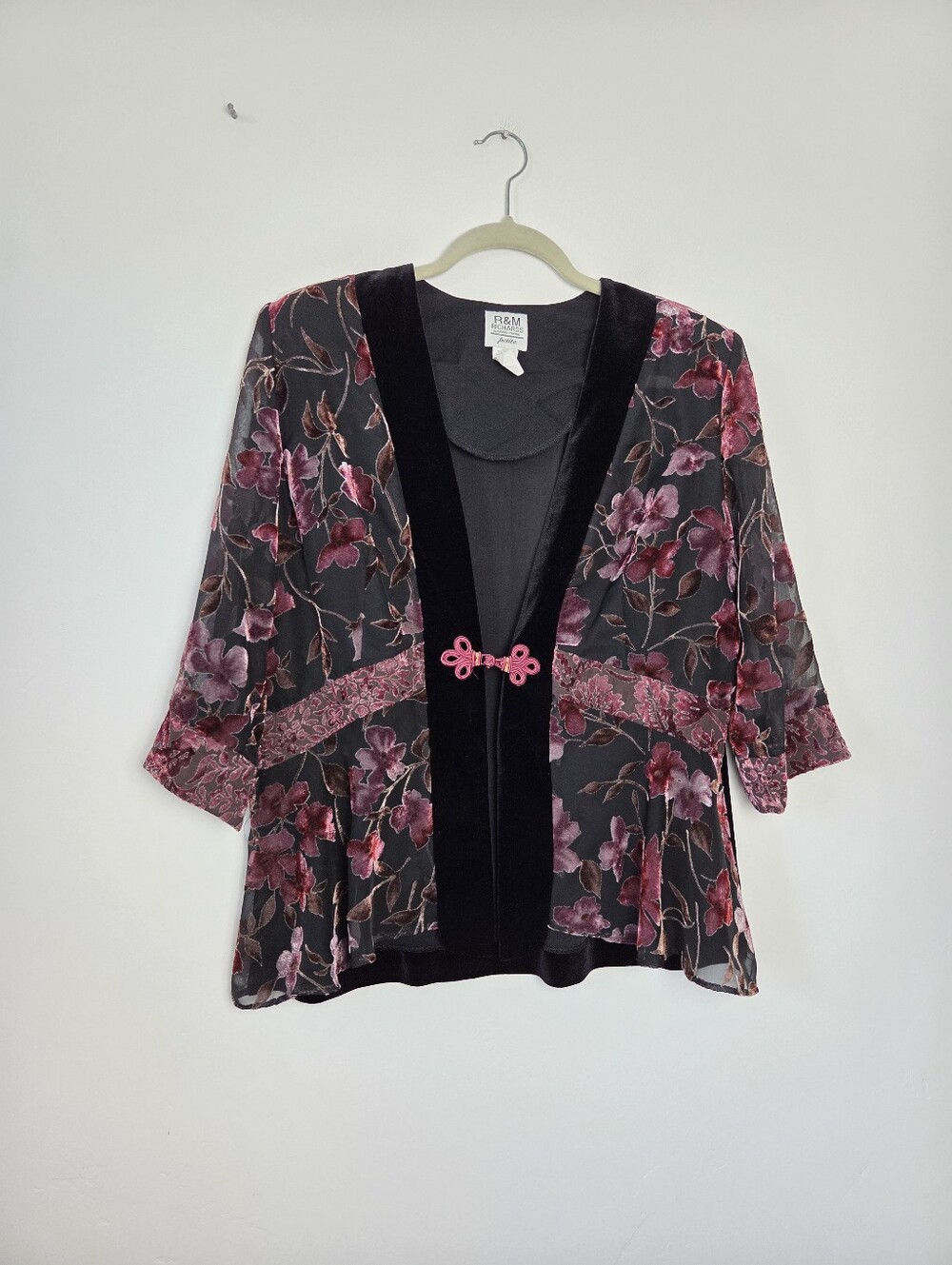 Vintage R&M Richards By Karen Kwong Velvet Floral Embroidered Jacket Sheer 12 P
